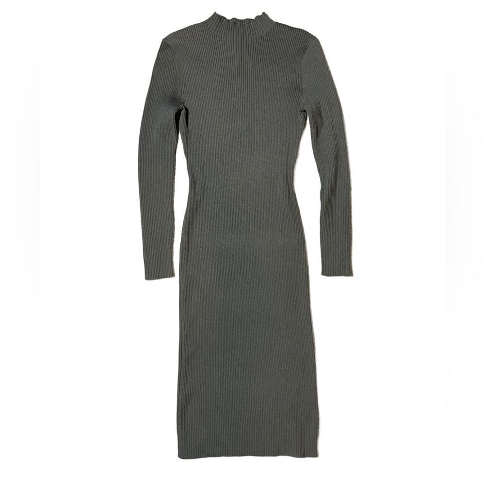 H&M Elegant Gray Ribbed Knit Long Sleeve Mock Neck Bodycon Dress (Size: Small)